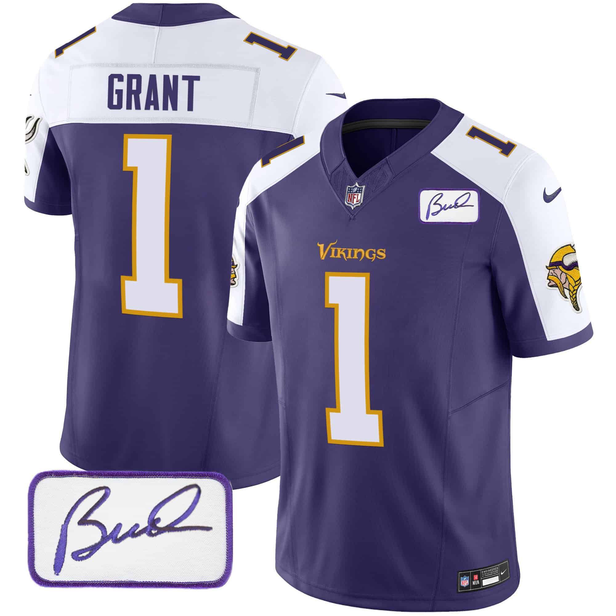 Men Minnesota Vikings #1 Grant Purple 2024 Nike Bud Grant Patch Classic Limited NFL Jersey style 4